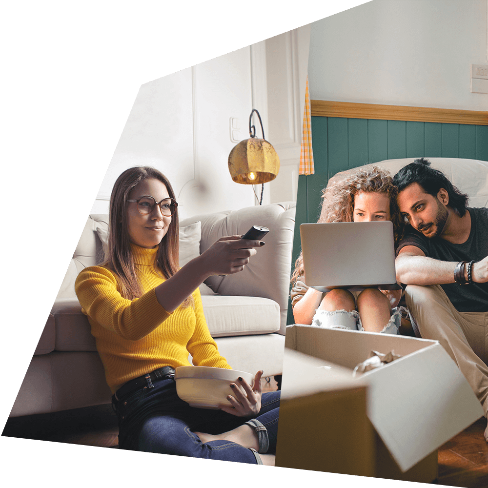 woman watching internet TV with popcorn and a couple sat on a bed with their laptops